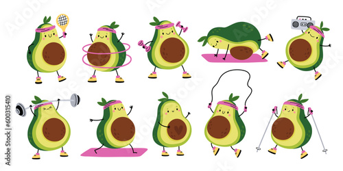 Cute avocado athlete. Cartoon character doing sport exercises. Vegetarian mascot in different poses. Healthy vegetable with funny smile face. Workout and active game. Garish vector set