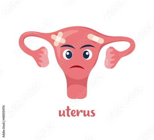 Sick uterus with pain ache or disease. Sad cartoon character uterus, body organ injured or unhealthy. Human cartoon anatomy, kids medicine. Vector illustration.