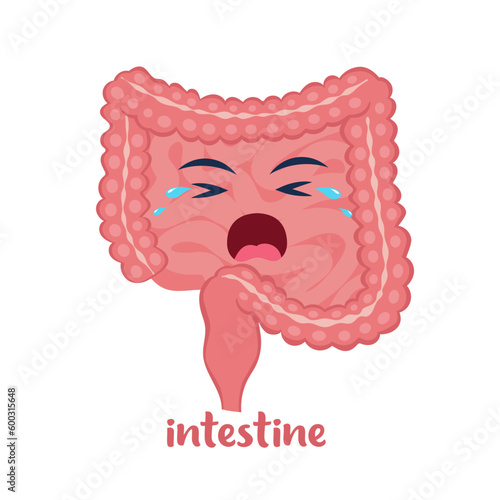 Sick intestine with pain ache or disease. Sad cartoon character intestine, body organ injured or unhealthy. Human cartoon anatomy, kids medicine. Vector illustration.