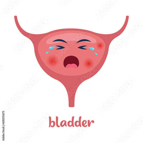 Sick bladder with pain ache or disease. Sad cartoon character bladder, body organ injured or unhealthy. Human cartoon anatomy, kids medicine. Vector illustration.