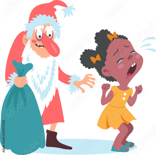 Kids fear. Crying frightened girl afraid of Santa Claus. Children phobia. Anxiety imagination. Fearful Christmas grandfather. Sad panicked young person. Horror illusion. Vector concept