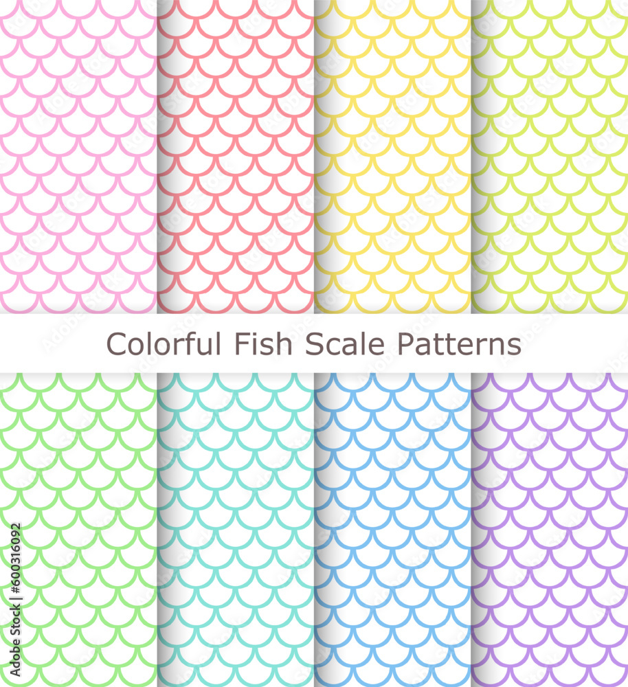 Set of seamless fish scale patterns in pastel rainbow colors. Linear fish scale patterns.