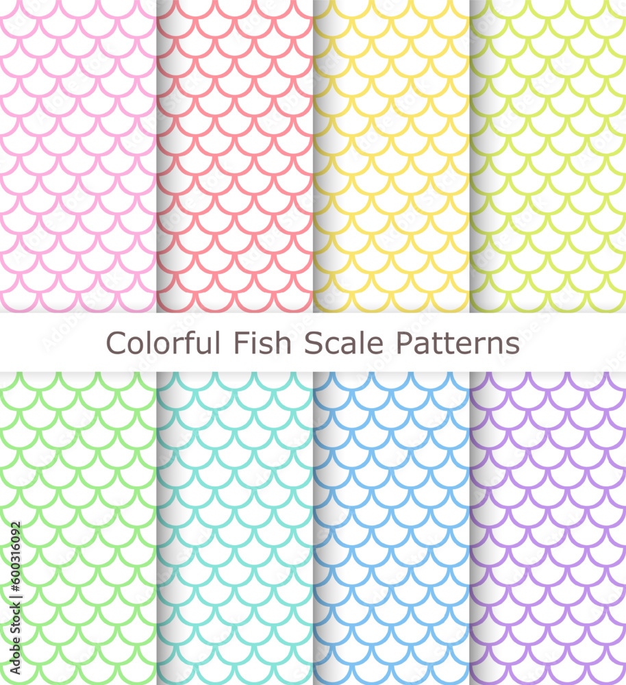 Set of seamless fish scale patterns in pastel rainbow colors. Linear fish scale patterns. Set of seamless fish scale patterns in pastel rainbow colors. Linear fish scale patterns.