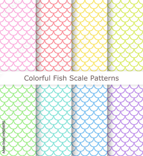 Set of seamless fish scale patterns in pastel rainbow colors. Linear fish scale patterns.