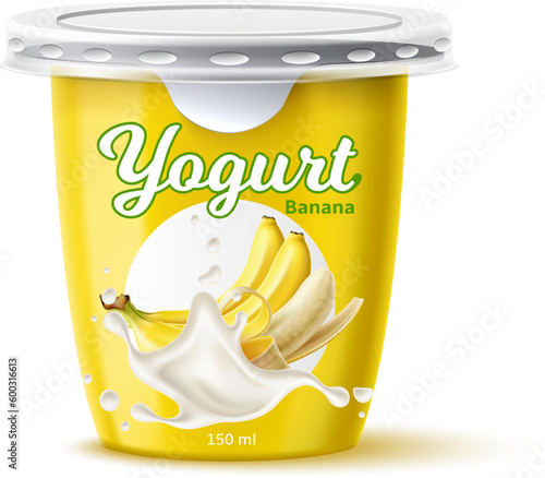Yogurt package design. Dairy product. Juicy yellow banana. Closed jar for fermented milk food. Healthy snack. Natural flavor. Cream dessert container mockup. Vector plastic 3D packaging