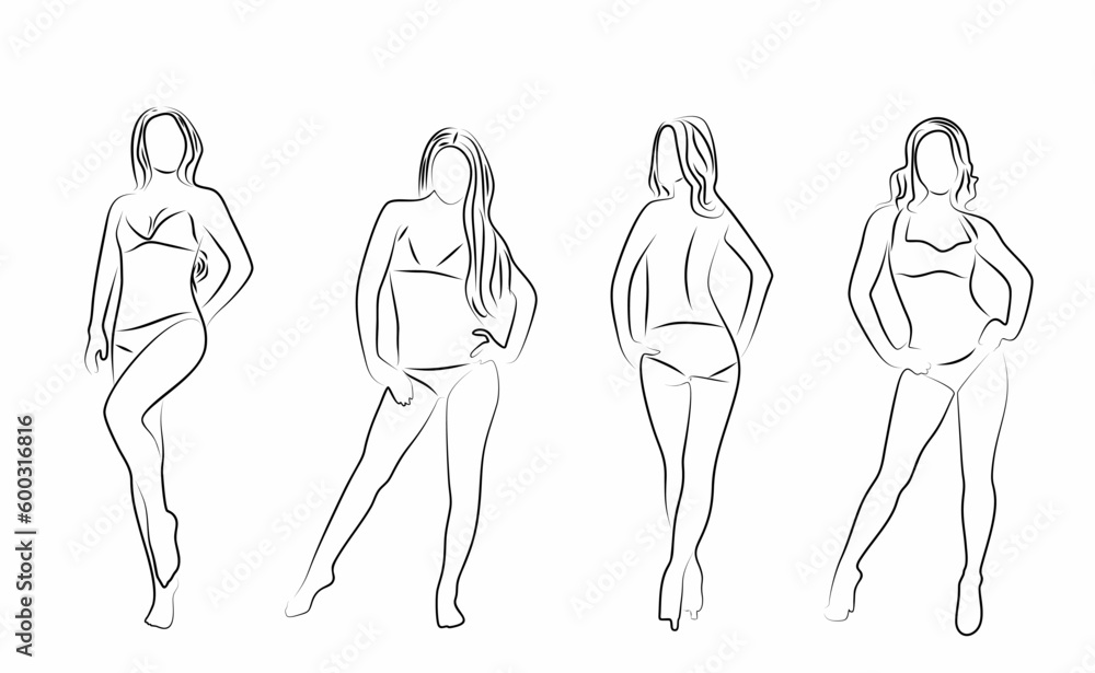 Collection. Sexy girl silhouette in modern single line style. Continuous line drawing of woman art, aesthetic line of decoration, poster, wall art, sticker, logo.