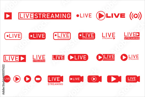 Set of live streaming icons. Red symbols and buttons of live streaming, broadcasting, online stream. Lower third template for tv, shows, movies and live performances. Vector