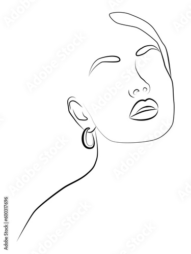 Woman face one line drawing on white isolated background. Vector illustration