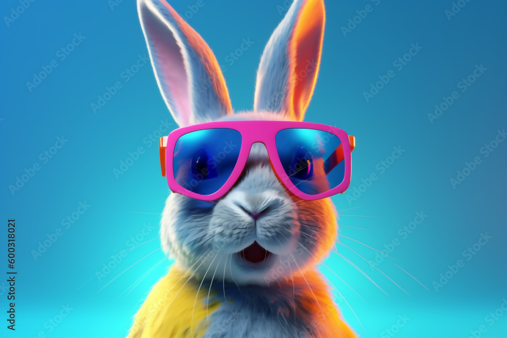 Cool Rabit bunny with sunglasses on colorful background. Generative AI.