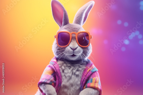 Cool Rabit bunny with sunglasses on colorful background. Generative AI.
