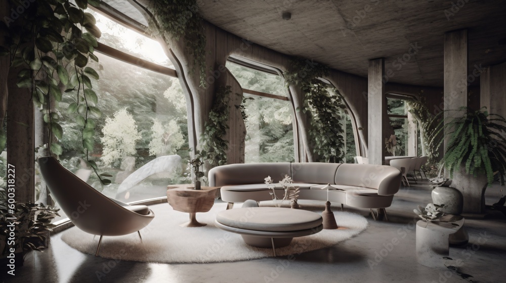 Fototapeta premium Jungle living room interior in a treehouse. Designed using generative ai. 