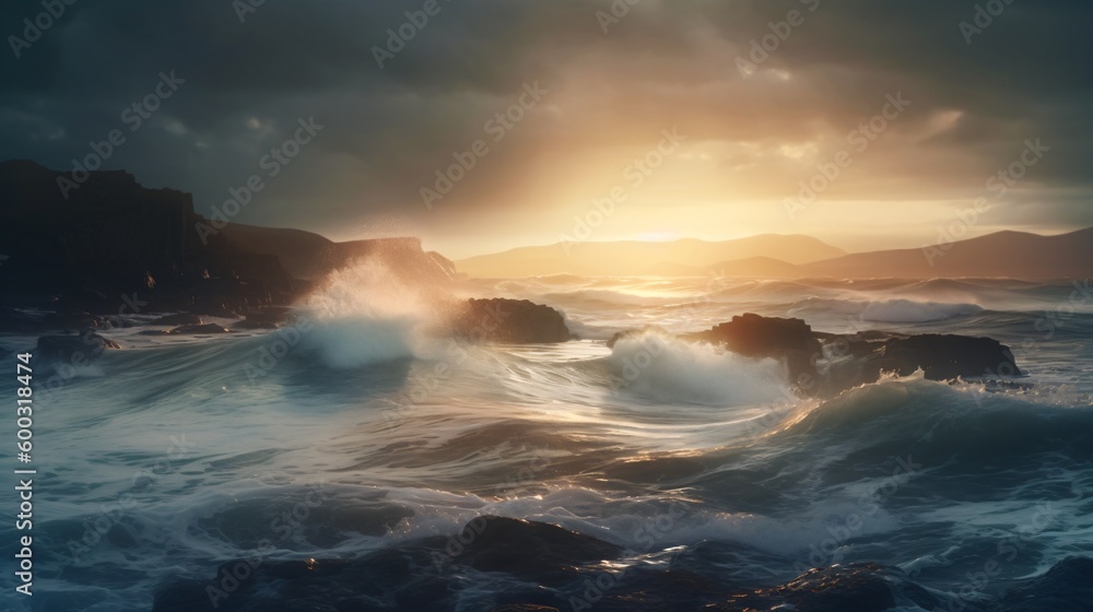 Obraz premium waves breaking in the ocean at sunset. Designed using Generative ai