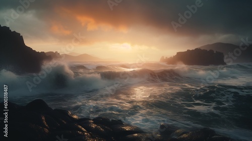 waves breaking in the ocean at sunset. Designed using Generative ai