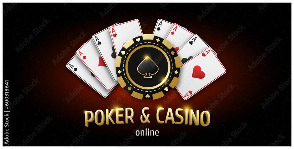 Obraz premium Illustration with text Poker and Casino. Realistic playing chip with the suit of spades, gambling tokens. Fans of playing cards ace of all suits. Gambling banner for web application or site. Vector