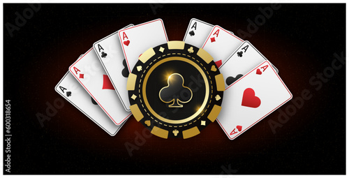 Realistic playing chip with the suit of clubs, gambling tokens. Fans of playing cards ace of all suits. The concept of playing poker or casino. Gambling banner for web application or site. Vector