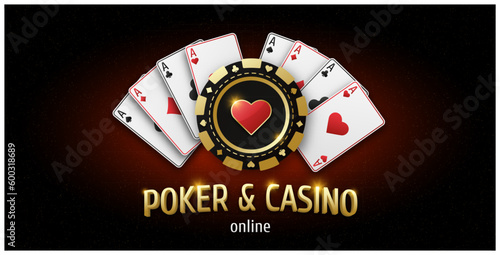 Illustration with text Poker and Casino. Realistic playing chip with heart suit, gambling tokens. Fans of playing cards ace of all suits. Gambling banner for web application or site. Vector