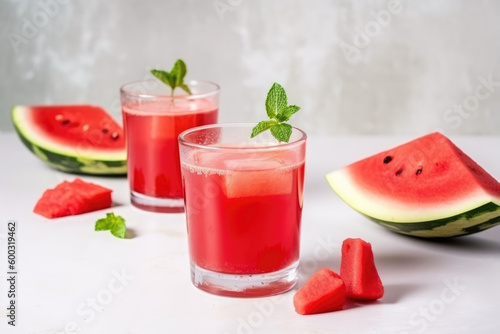 Two glasses with cool watermelon juicy cocktail with mint and ice on white kitchen background. AI generated.