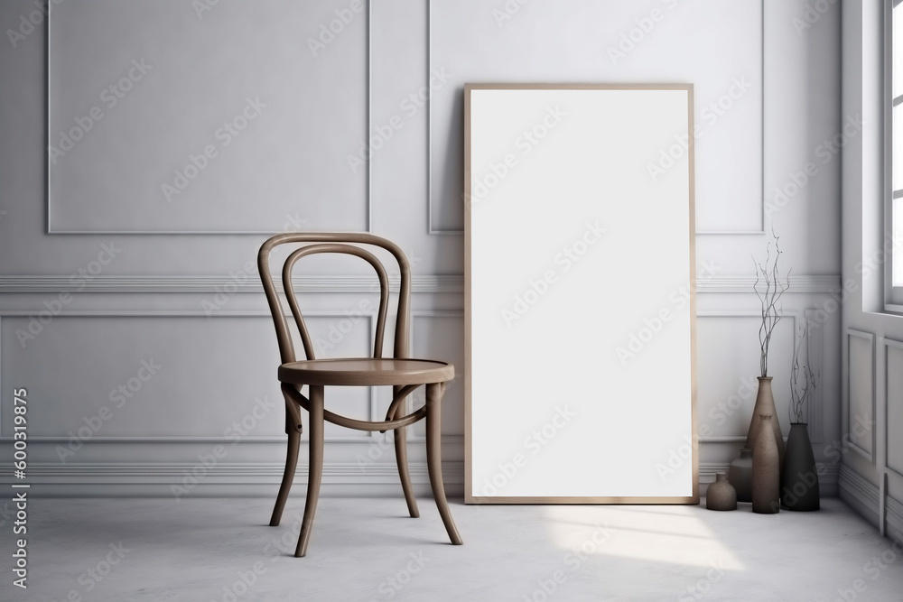 A blank picture frame mockup on a wall with a wooden chair on the floor. Genarative ai
