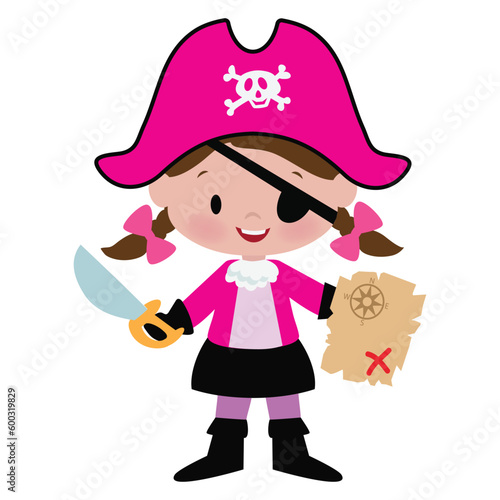 Cute little pirate captain girl vector cartoon illustration