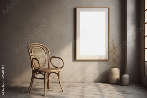 A blank picture frame mockup on a wall with a wooden chair on the floor. Genarative ai