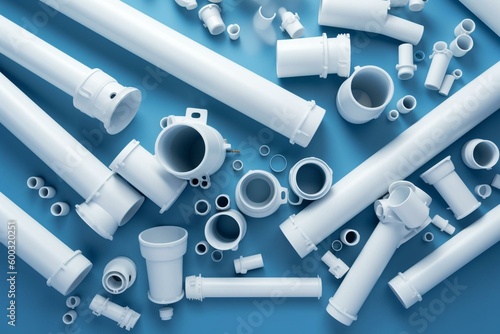 Blue background with various sizes of PVC pipes and fittings joint in white; 3D illustration. Generative AI