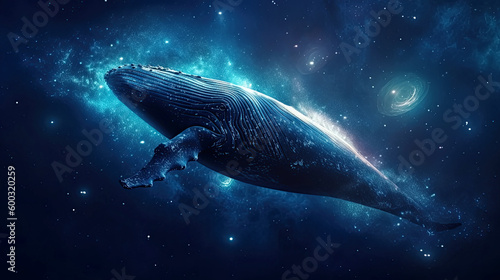 whale is flying in space among stars and Milky Way. Children s surreal dreamy dream. Generative AI illustration