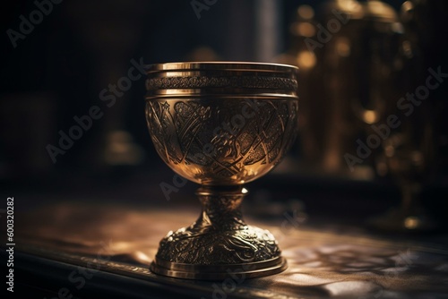 A golden cup sitting on a pedestal. Generative AI