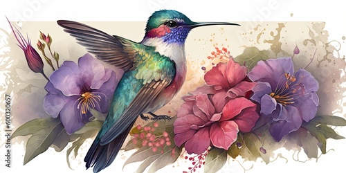 Colorful humming bird on stick tree with flower in watercolor design artistic. Concept of painting technique isolated on white background in canvas. Glorious generative AI. photo