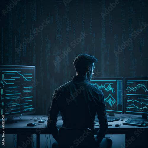 wide-lens view of a 28-year-old man in a dark room, illuminated by the light of multiple monitors on a desk. He is studying the stock market charts, illuminated by the glow of cryptocurrency symbols.