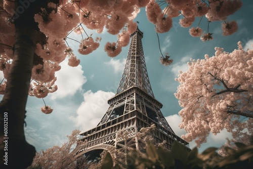 Springtime view of the Eiffel Tower. Generative AI