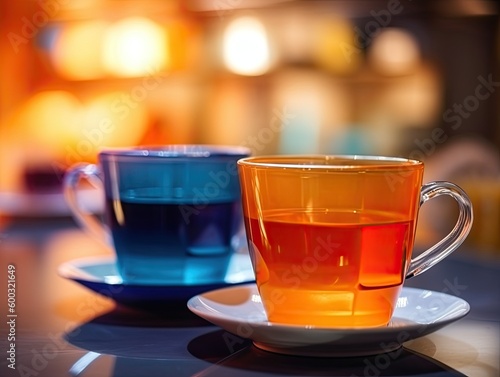 Orange and Blue Cups with Tea on Blurred Background - AI generated