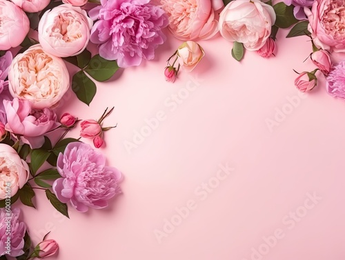 Peonies and Roses on Pink Background with Abstract Floral Frame - AI generated