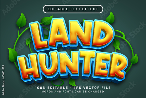 land hunter 3d text effect and editable text effect with shield and leaf illustration