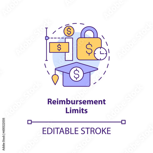 Reimbursement limits concept icon. Financial aid. Collage payment. Financial assistance. Loan repayment abstract idea thin line illustration. Isolated outline drawing. Editable stroke