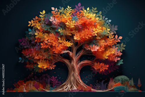 Colorful tree with leaves on hanging branches illustration background. 3d abstraction wallpaper for interior mural wall art decor. Floral tree with multicolor leaves.
