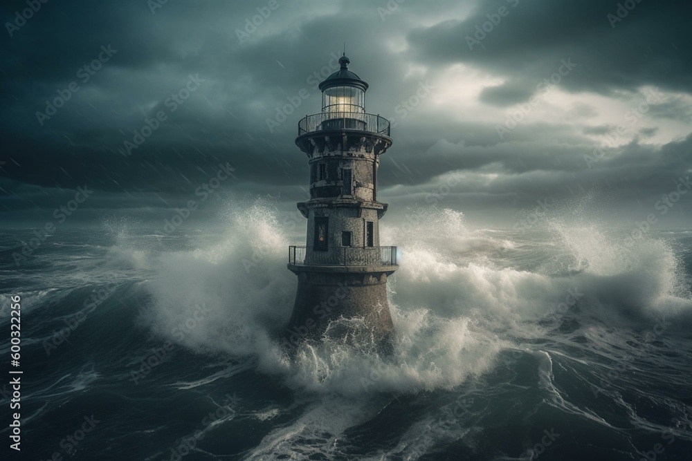A miniature lighthouse is flooded amidst a turbulent sky, depicted through a 3D visualization. Generative AI