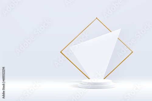 3d white podium stage for product display with round platform and geometrical triangular blocks. Square thin golden frame in background