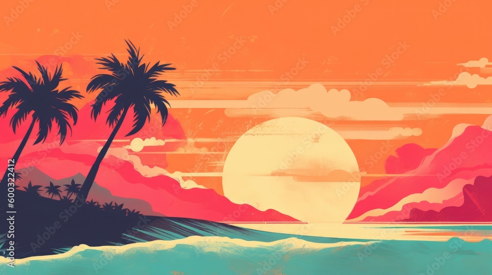Elegant summer background featuring a beach scene with sunset. Vacation, holiday, travel, warm weather. Generative AI. 