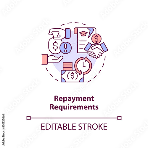 Repayment requirements concept icon. Tuition assistance. Pay back. Income tax. Tuition reimbursement. Student aid abstract idea thin line illustration. Isolated outline drawing. Editable stroke