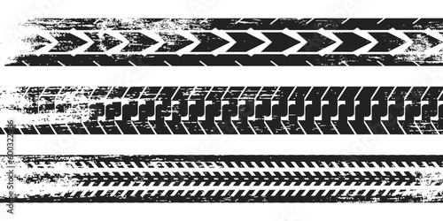 Grunge style, dirty tire track silhouettes vector set