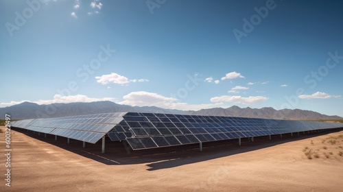 Panoramic view of a solar farm with rows of solar panels. Use of natural resources. Landscape with solar panels. Ecology. Environment. Eco. Photovoltaic. Generative AI. 