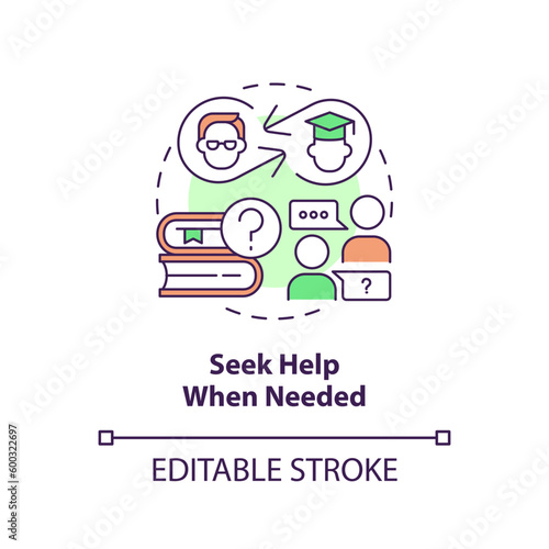 Seek help when needed concept icon. Student achievement. Asking questions. Tuition assistance. Learning improvement abstract idea thin line illustration. Isolated outline drawing. Editable stroke