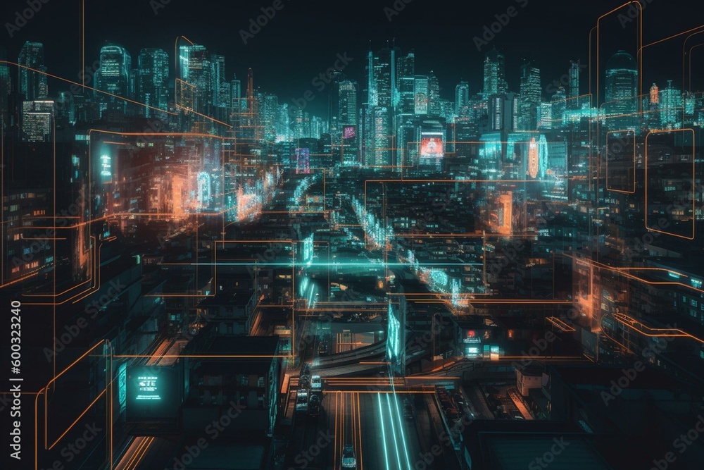 City of tomorrow illuminated by neon lights. Generative AI