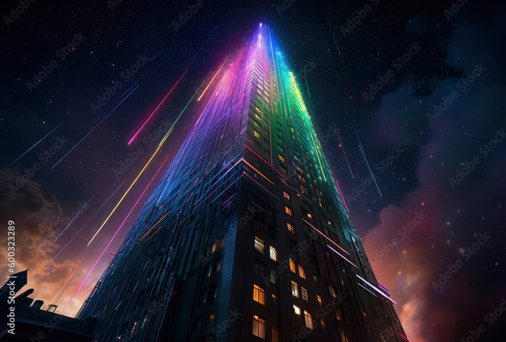 A skyscraper covered by colored lights and light color .generative ai.