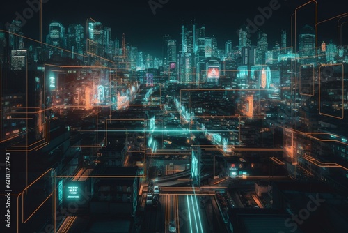 City of tomorrow illuminated by neon lights. Generative AI Fototapeta