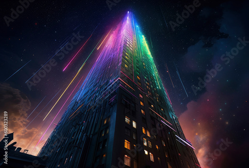 A skyscraper covered by colored lights and light color .generative ai.