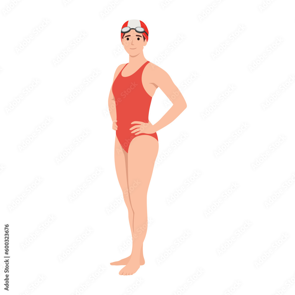 Beautiful woman, swimmer in swimming suit, cap and goggles, cartoon vector illustration isolated on white background. Front view full length portrait of woman, girl swimmer in swimming suit. Beautiful woman, swimmer in swimming suit, cap and goggles, cartoon vector illustration isolated on white background. Front view full length portrait of woman, girl swimmer in swimming suit.