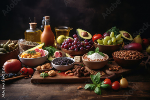 Healthy food for balanced flexitarian mediterranean diet concept on wooden table, generative AI