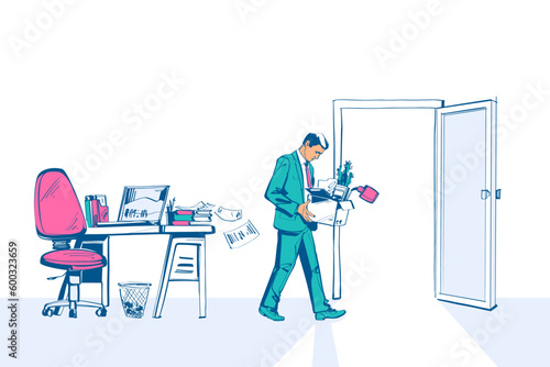 Firing employee. Sad man with a box in hands leaves work. Employee job reduction, unemployment, crisis in job. Vector illustration sketch design.