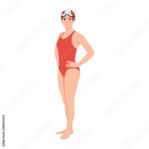 Beautiful woman, swimmer in swimming suit, cap and goggles, cartoon vector illustration isolated on white background. Front view full length portrait of woman, girl swimmer in swimming suit. 
